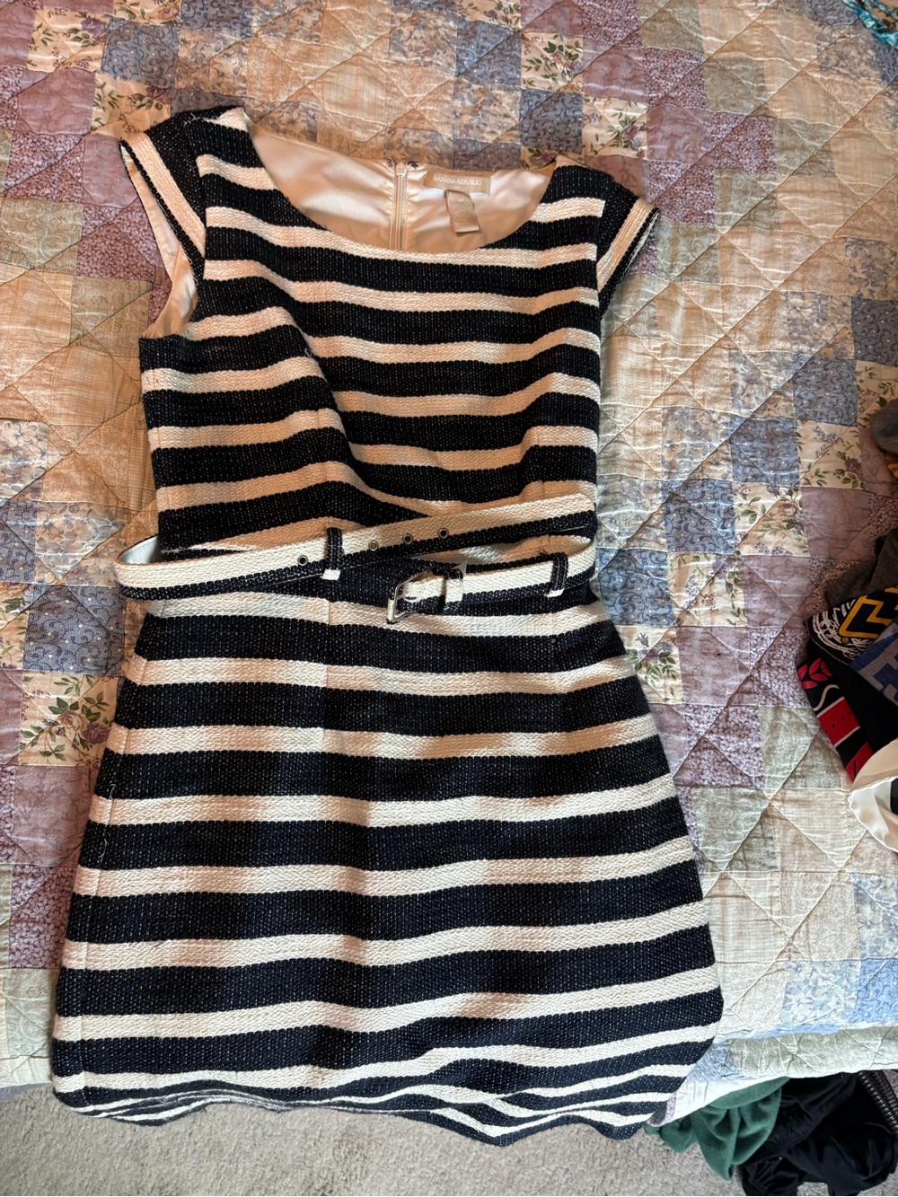 Navy and White Striped Belted Dress With Fine Gold Threaded Detail
